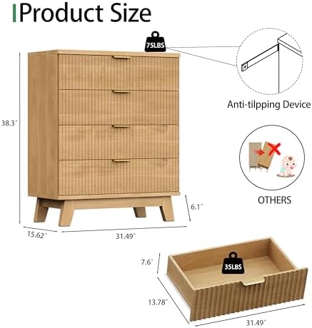 Xixini Fluted Nightstand with 4 Drawers, 31.5" Wide Side Table, Natural Oak - Image 2