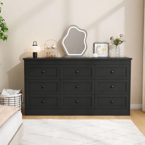 wanan Black 9 Drawer Dresser for Bedroom, Modern 59'' Wide Wood Chest of Drawers, Dresser TV Stand, Storage Organizer with Metal Handles for Living Room, Hallway, Entryway - Image 4