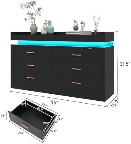 Hlivelood 6 Drawer Dresser with LED Light and Charging Station, Modern Chest of Drawers for Closet, Wide Drawer Organizer Cabinet for Bedroom, Living Room, Entryway, Hallway(Black) - Image 2