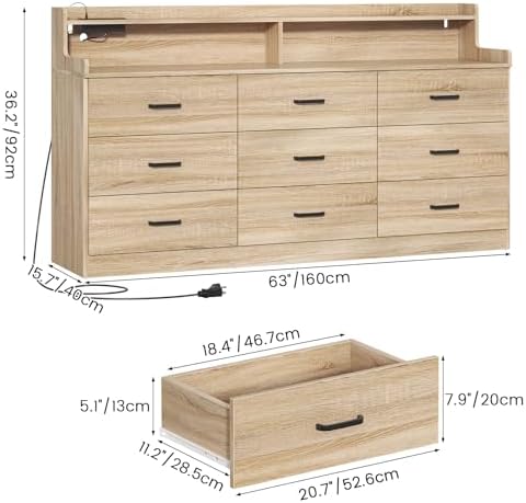 Bigbiglife 9 Drawer Dresser with Built-in Power Outlet, Mid Century Modern Chest of Drawers for Bedroom,63'' Triple Wide Dresser Storage Cabinet for Closet, Living Room, Entryway,Light Wood - Image 2