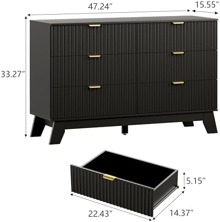 Wodeer 6 Drawer Fluted Dresser for Bedroom, Mid Century Modern Dresser with 6 Drawers, Dressers & Chests of Drawers with Metal Handle, TV Stand & Storage Organizer for Entryway, Hallway, Black - Image 2
