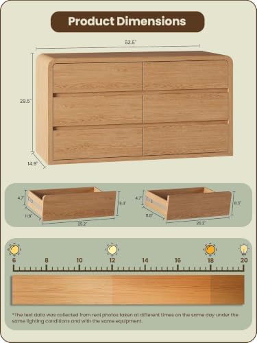 Modern 54" Wide 6 Drawers Dresser with Curved Profile Design,Oak - Image 2