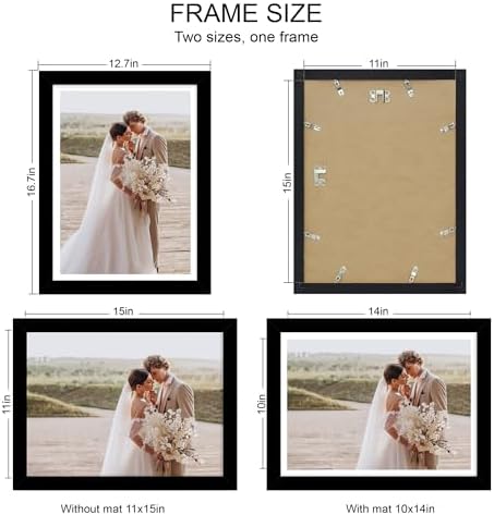 Hongkee 11x15 Picture Frame Set of 4, Made of Real Glass and Black Frame - Display Picture 10x14 with Mat or 11x15 Without Mat, 11 by 15 Photo for Wall Mounting - Image 2