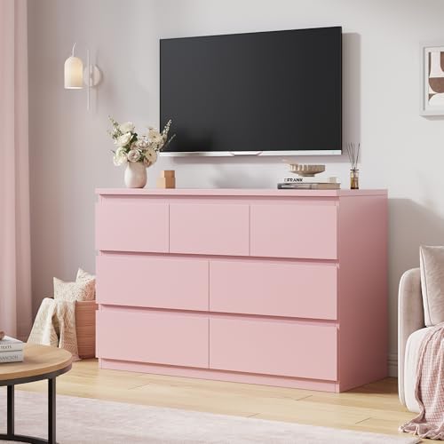Modern 7 Drawer Dresser for Bedroom,Pink Wood Chest of Drawers,Closet Clothes Storage Organizer with Deep Drawers for Living Room Hallway Entryway,Nursery (15.3" D x 47.2" W x 32.3" H) - Image 3