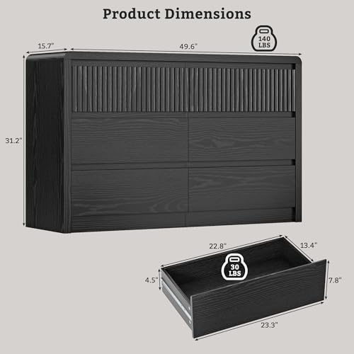 LYNSOM Black Fluted 6 Drawer Dresser for Bedroom, Curved Edge, 50" Wide - Image 2