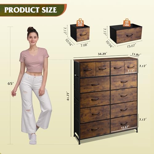 WLIVE 12 Drawer Tall Fabric Dresser Bedroom Storage Chest, Rustic Brown - Image 3