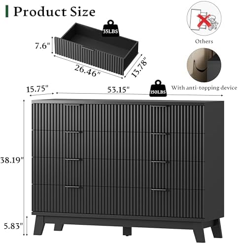 Xixini Fluted Dresser with 8 Drawers, 54" Wide Modern Chest of Drawers with Metal Handle, Wooden Dresser TV Stand, Wood Closet Clothes Storage Organizer for Bedroom, Living Room, Hallway, Solid Black - Image 2