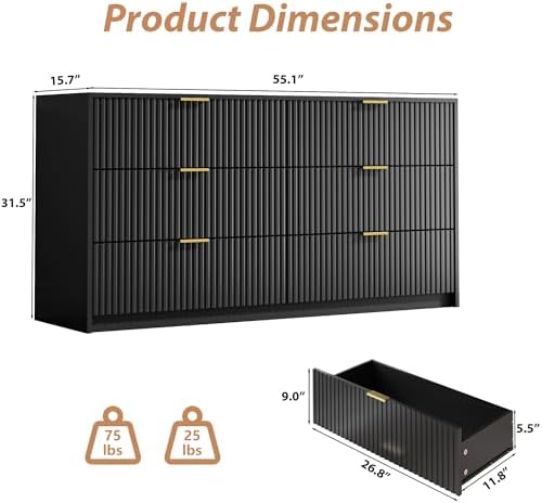 MAISONARIA Black 6 Drawer Dresser for Bedroom, 55" Wide Modern Chest of Drawers with Gold Metal Handles, Fluted Wood TV Stand for Living Room, Hallway - Image 2