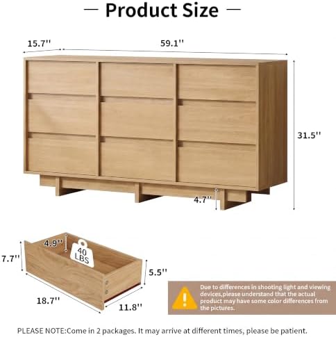 9 Drawer Oak Dresser for Bedroom, 59" Wide Mid Century Modern Dresser - Image 2