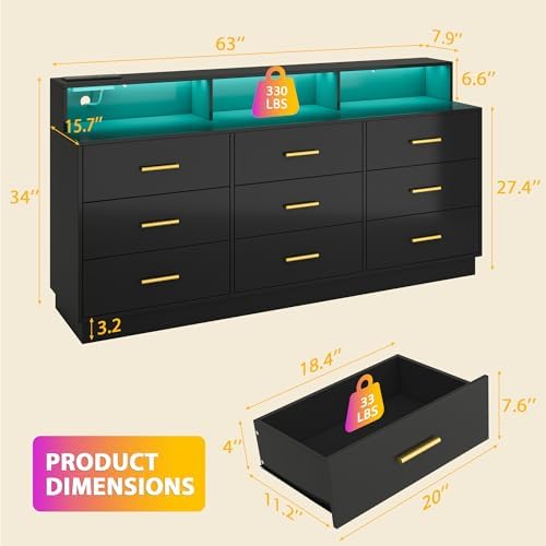 knoworld Black 9 Drawer Dressers for Bedroom, Modern Large Dresser with LED Light and Power Outlet, Wooden Long Dressers, Triple Dresser for Bedroom, Entryway, Hallway - Image 2