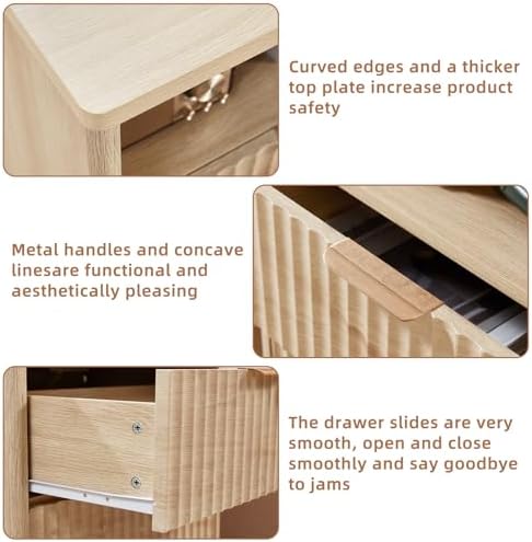 LEYAOYAO Fluted Nightstand with Charging Station, 23" Modern Night Stand with Woodgrain Top, 2 Drawers End Table w/Storage, Bedside Tables for Bedroom, Living Room, Curved Profile Design,Wood - Image 5