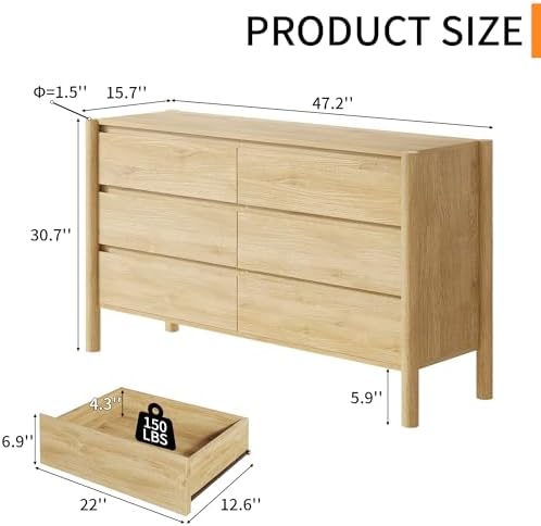 HOUROM Oak Dresser for Bedroom,47" Wide 6 Drawer Mid Century Modern Chest - Image 2