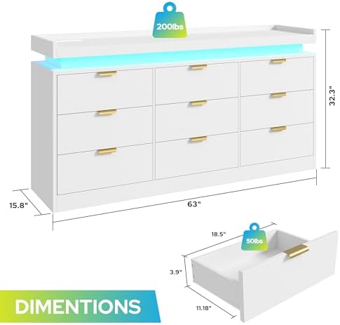 knoworld 9 Drawer Dresser for Bedroom, White Dresser with LED Lights and Power Outlet, Large Wooden Dressers Modern Chest of Drawers, Triple Wide 9 Drawer Dressers for Bedroom, Entryway, Hallway - Image 2