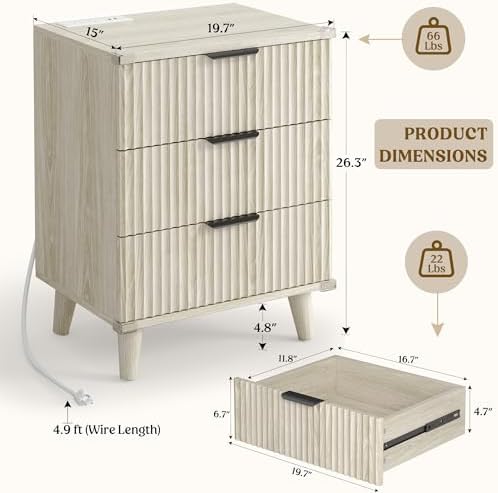Lulive 3 Drawers Dresser with Socket, Modern Wooden NightStands - Image 2