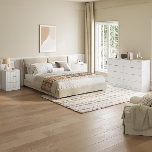 3 Pcs White 8 Drawer Dresser & 3-Drawer Nightstand Set丨Tall Fluted Dresser and Night Stand Set of 2 with Metal Handle, Modern Wood Chest of Drawers Storage Dressers Set for Bedroom - Image 3
