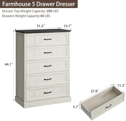 CARPETNAL Farmhouse 5 Drawer Dresser for Bedroom, 44" Tall White Dresser. - Image 2