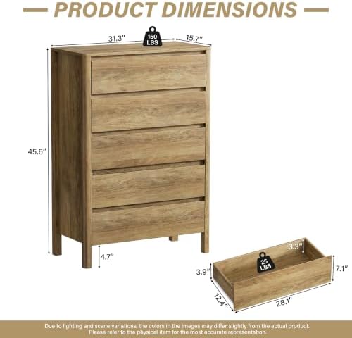 Furniway 45" Tall 5 Drawer Wood Dresser for Bedroom with Legs, Natural Oak - Image 2