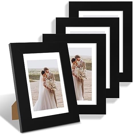 Hongkee 5x7 Picture Frame Set of 4, Made of Real Glass and Black Wooden Frame, 5 by 7 Photo for Wall or Tabletop - Display Picture 4x6 with Mat or 5x7 Without Mat by Hongkee