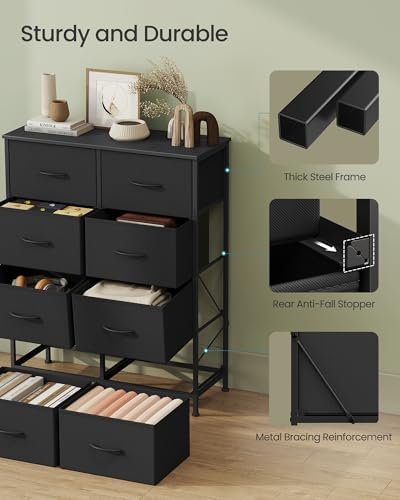 SONGMICS Dresser for Bedroom, Chest of Drawers, Steel, MDF, 8 Non-Woven Fabric Drawers, Storage Organizer Unit, Closet, Entryway, Ink Black and Ebony Black LGS124B01S - Image 6
