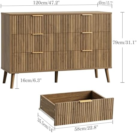 Fluted 6 Drawers Dresser for Bedroom, Wooden Wide Chest of Drawers with Metal Handle, Dresser TV Stand, Closet Storage Organizer for Entryway, Living Room, Hallway - Image 2