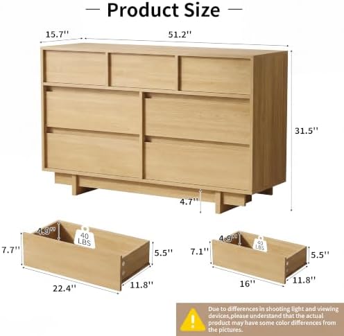 7 Drawer Oak Dresser for Bedroom, 51.5" Wide Mid Century Modern Dresser - Image 2