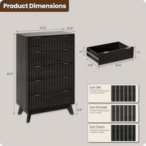 43" Hight Fluted 5 Drawers Dresser for Bedroom,Curved Edge,Black - Image 2