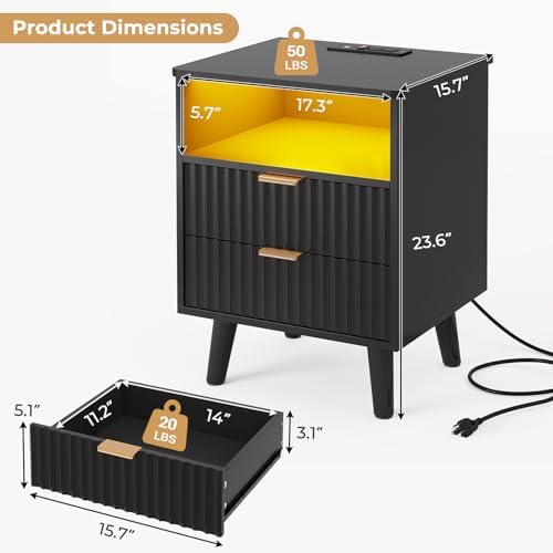 VIAGDO Fluted Nightstand Set of 2 with Charging Station and LED Lights, Modern Night Stand Set 2 with 2 Drawers and Open Storage Cabinet, Bed Side Tables with Gold Metal Handle for Bedroom, Black - Image 2