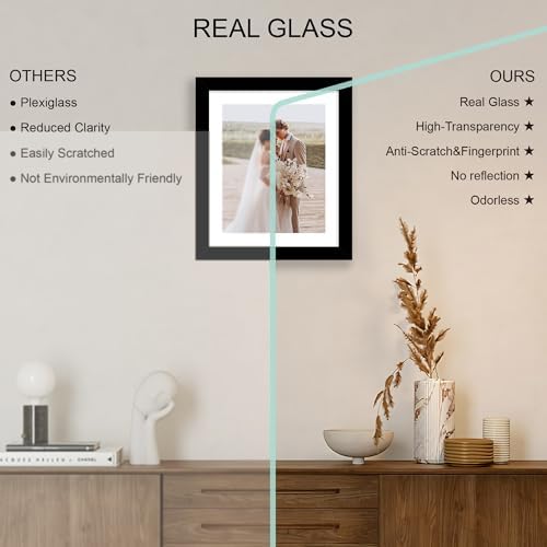 Hongkee 10x12 Picture Frame Set of 4, Made of Real Glass and Black Frame - Display Picture 8x10 with Mat or 10x12 Without Mat, 10 by 12 Photo for Wall Mounting - Image 4