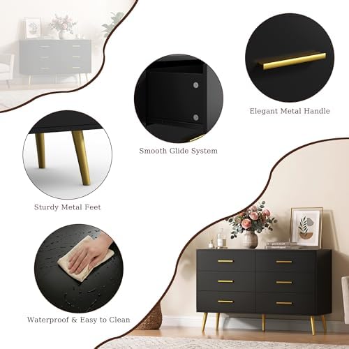 Black 6 Drawer Dresser for Bedroom, 47" Wood Dresser with Gold Handles. - Image 6