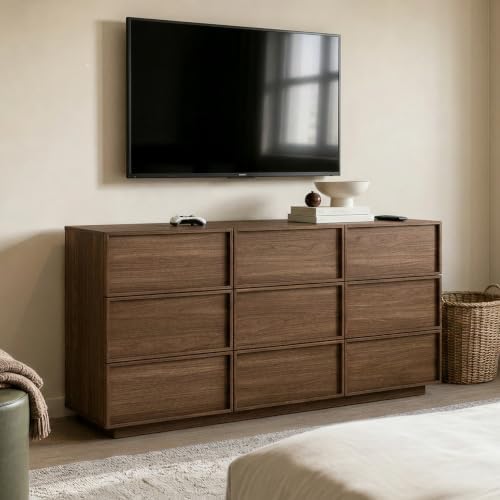 9 Drawer Dresser for Bedroom, 59.1" Wide Double Chest of Drawers with Storage, Wood Dresser TV Stand, Modern Closet Store Organizer for Living Room, Hallway, Nursery, Walnut - Image 3