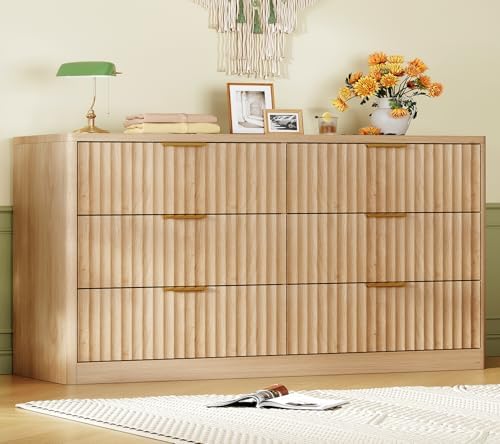 TEENFON Fluted 6 Drawer Dresser for Bedroom, Wide Modern Chest of Drawers with Metal Handle, Curved Profile Design, Wood Closet Clothes Storage Organizer for Bedroom, Hallway, Natural by TEENFON