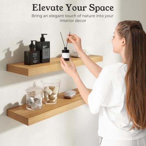 16" Natural Oak Color Floating Shelves 12inch Deep Shelf, Set of 2 - Image 4