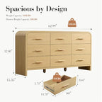 Curved 9-Drawer Dresser for Bedroom, 63" Wide Modern Chest of Drawers, Vanity Desk TV Stand for Living Room, Closet Storage Drawers Organizer Furniture, Nursery, Hallway, Natural Oak - Image 2