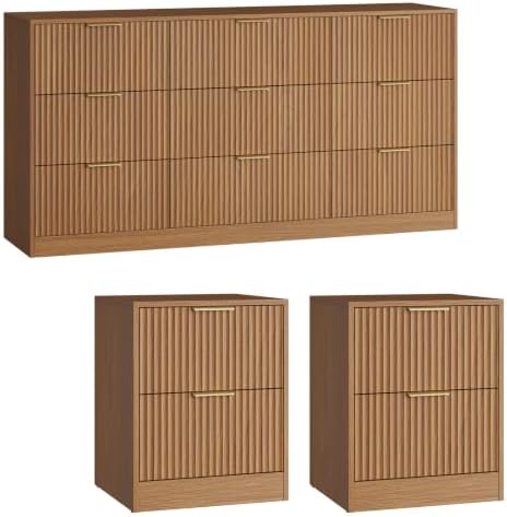 6 Drawer Dresser & 2-Drawer Nightstand Set 3-Piece, Natural Wood丨55 Wide Bedroom Set Night Stand Set of 2 with Metal Handle, Fluted Wood Chest of Drawers Storage Dressers Set for Bedroom - Image 5