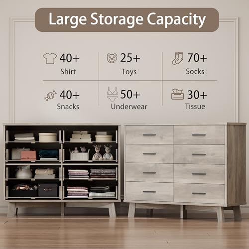 Xixini Dresser for Bedroom, 8 Drawer Wide Modern Chest of Drawers with X-Shaped Sturdy Base, Wood Double Dresser Closet Clothes Storage Organizer, Wooden TV Stand for Living Room, Hallway, Grey - Image 3