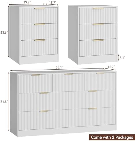 7 Drawer Dresser & 3-Drawer Nightstand Set 3-Piece, White丨Bedroom Dressers and Night Stand Set of 2, Fluted Modern Wood Chest of Drawers Storage Dressers Set for Bedroom - Image 2