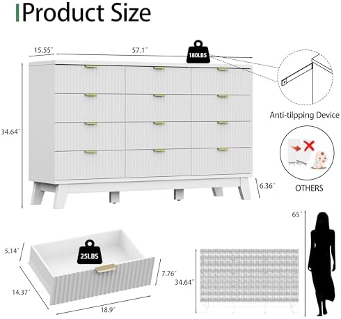 Xixini Fluted Dresser for Bedroom with 12 Drawers, 57" Wide Modern Chest of Drawers with Metal Handle, Wooden Dresser TV Stand, Wood Closet Clothes Storage Organizer for Living Room, Hallway, White - Image 2