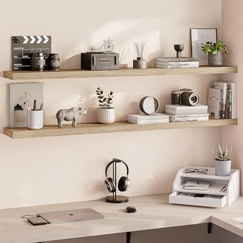 Ballucci Floating Shelves for Wall, 60" Wood Wall Shelf Set of 2, with Invisible Brackets for Bathroom, Living Room, Bedroom, Kitchen, Nursery, 8" Deep, Oak Finish - Image 2
