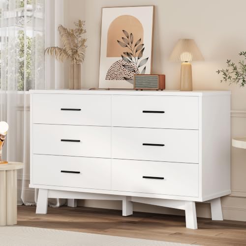 Xixini Dresser for Bedroom, 6 Drawer Wide Modern Chest of Drawers with X-Shaped Sturdy Base, Wood Double Dresser Closet Clothes Storage Organizer, Wooden TV Stand for Living Room, Hallway, White by Xixini
