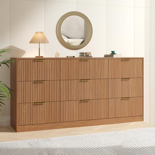 Natural Wood Dresser with 9 Drawer 63" Wide Fluted Dresser for Bedroom丨Long Dresser Modern Chest of Drawers with Gold Handle, Wood TV Stand Storage Organizer for Bedroom, Living Room, Natural Wood by NOVAMAISON