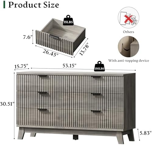 Xixini Fluted Dresser with 6 Drawers, 54" Wide Modern Chest of Drawers with Metal Handle, Wooden Dresser TV Stand, Wood Closet Clothes Storage Organizer for Bedroom, Living Room, Hallway, Light Grey - Image 2