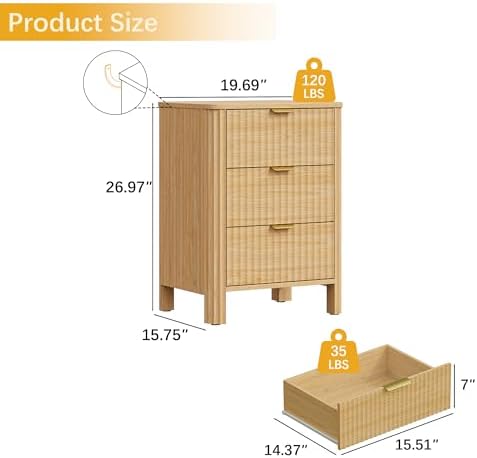 Wodeer 3 Drawer Dresser for Bedroom, 20" W Wood Storage Cabinet with Fluted Design, Modern Chest of Drawers for Living Room, Nursery Clothing Organizer with Metal Slides, Anti-Tipping - Image 2