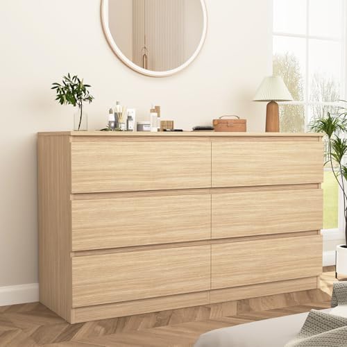 Vibe & Dine 6 Drawer Double Dresser, Modern Chest of Drawers with Wide Storage for Closet, Bedroom, Living Room, Natural Wood - Image 4
