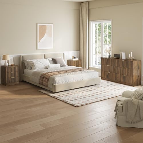 6 Drawer Dresser & 3-Drawer Nightstand Set 3-Piece, Walnut丨Long Dresser and Night Stand Set of 2 with Metal Handle, Fluted Modern Wood Chest of Drawers Storage Dressers Set for Bedroom - Image 3