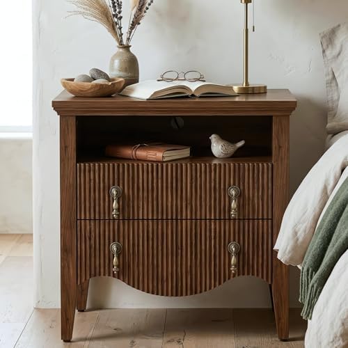 FUSUNBAO Fluted Nightstand with Charging Station & 2 Drawers,Walnut by FUSUNBAO