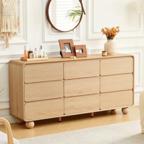 AVZEAR Modern 9 Drawer Dresser for Bedroom, 63" Wide Wooden Dresser Chest of Drawers, Handle Free & Curved Profile Design, Mid Century Closet Clothes Storage Organizer for Living Room, Natural by AVZEAR