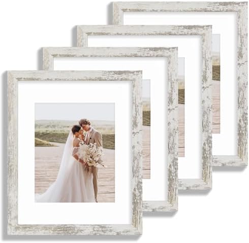 Hongkee 11x14 Picture Frame Set of 4, Made of Glass and Distressed White Wooden Frame, Display 8x10 Pictures with Mat or 11 x 14 Posters without Mat for Wall Mounting, Gallery Photo Frames by Hongkee