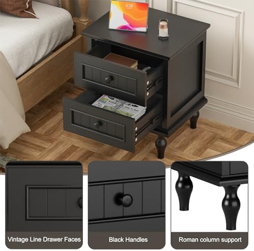Black Nightstand Set of 2, Vintage Bedside Tables with Drawers for Bedroom - Image 7
