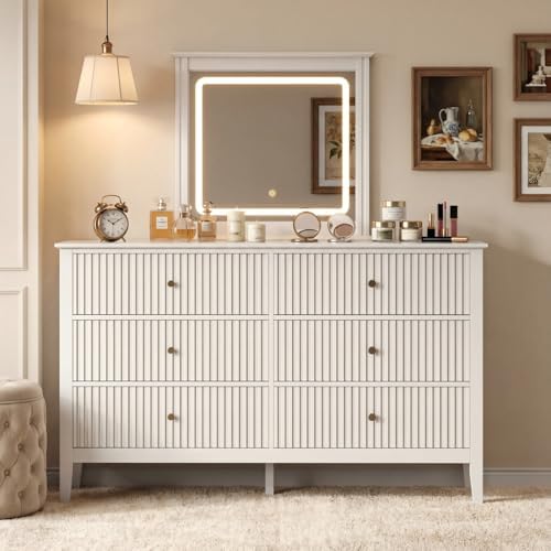 RoyalCraft 6 Drawer Dresser with Lighted Mirror, White Fluted Modern Wood Chest of Drawers, Long Dresser for Bedroom Storage by Bringyoubetterlife