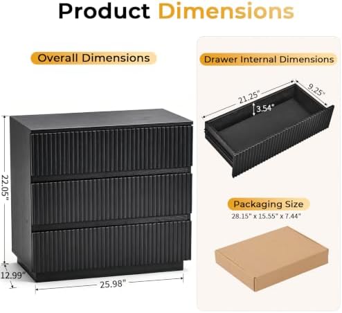 Karl home Black 3 Drawer Fluted Nightstand, Modern Storage Chest of Drawers - Image 3